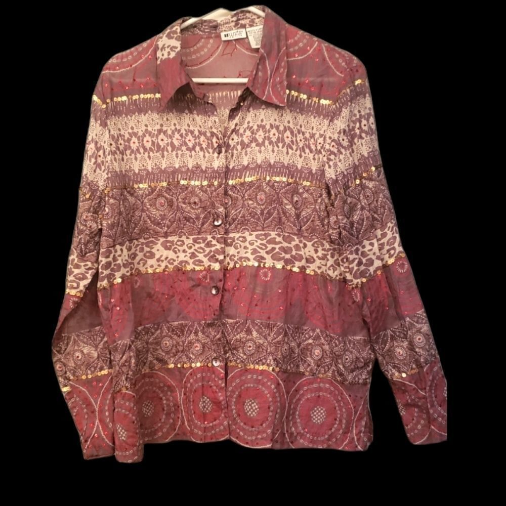 ‎Units petite Red Beige Patterned Button down Size XLP